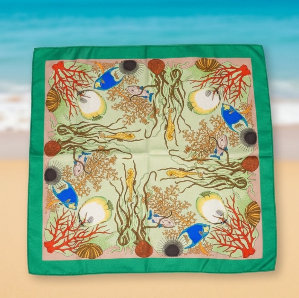 VINTAGE 1980's🐠"Sea Gardens" by Smiths of BERMUDA Ocean-Themed Scarf "SIGNED"